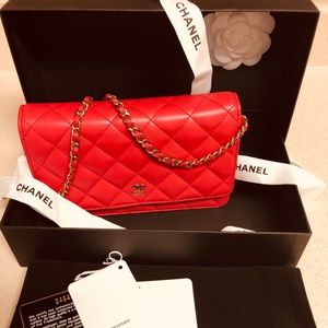 Authentic Chanel Quilted Lambskin Light Red WOC